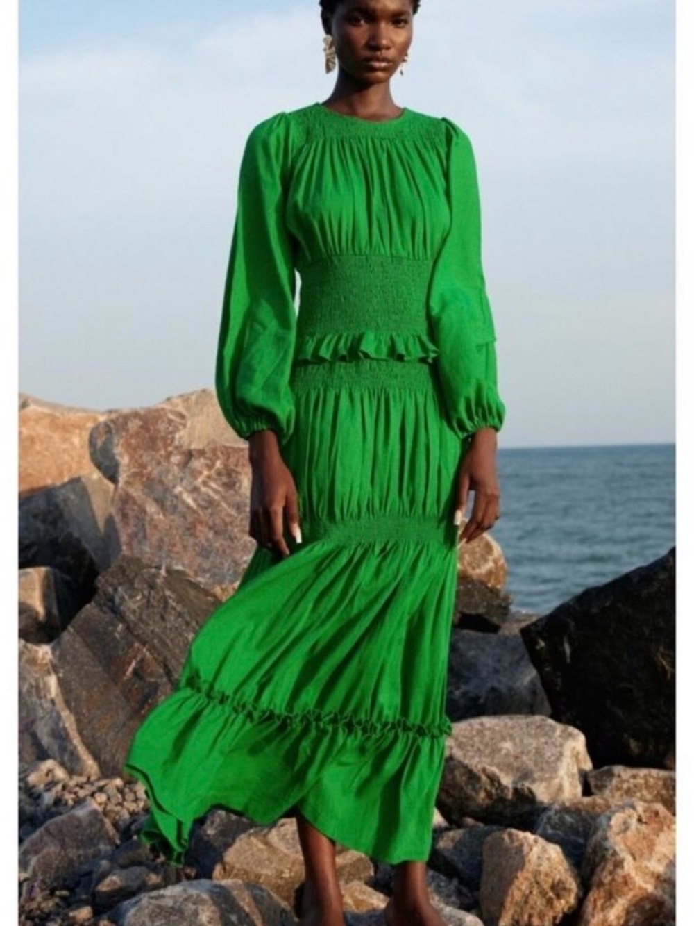 Orire linen cotton Elegant Green Long-Sleeve Smocked Maxi Dress 4 new